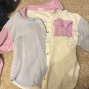 Pink Lily - Pink and Blue Button Down Shirt with Color-Blocking